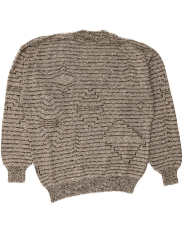 Vintage Mens V-Neck Jumper Sweater Medium Grey Striped