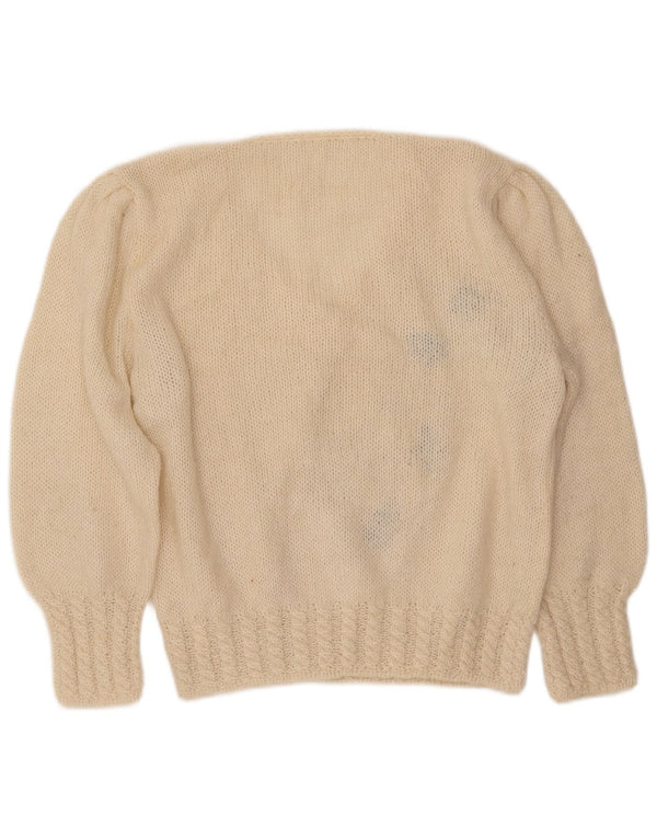 VINTAGE ženski džemper s V-izrezom UK 16 Veliki prljavo bijeli cvjetni