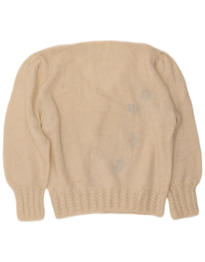 VINTAGE ženski džemper s V-izrezom UK 16 Veliki prljavo bijeli cvjetni