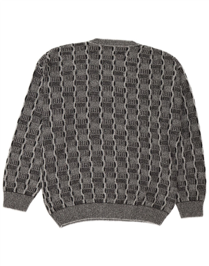 VINTAGE Mens V-Neck Jumper Sweater Large Grey Check