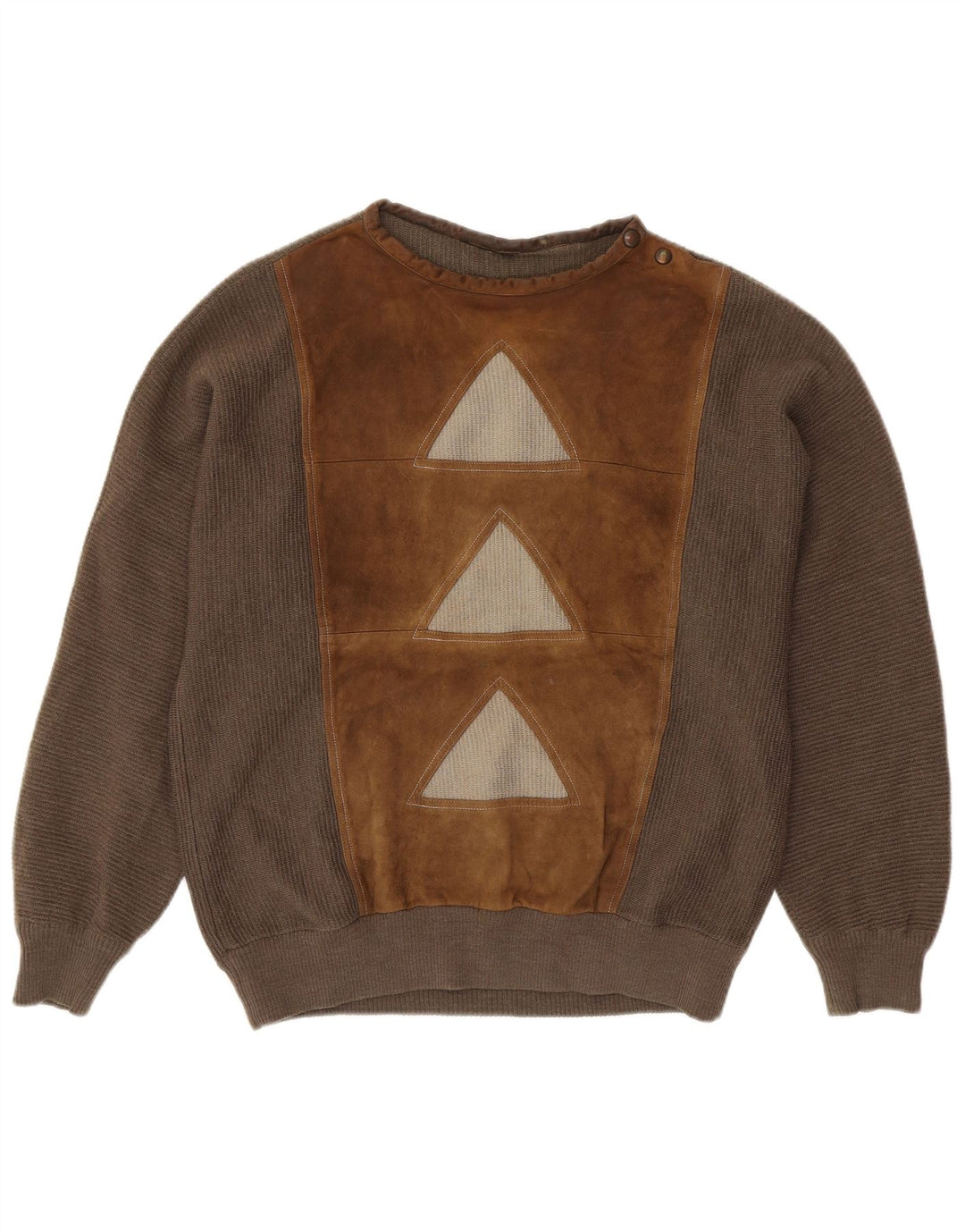 VINTAGE muški džemper s dugmadima i ovratnikom Veliki smeđi geometrijski vuneni pulover