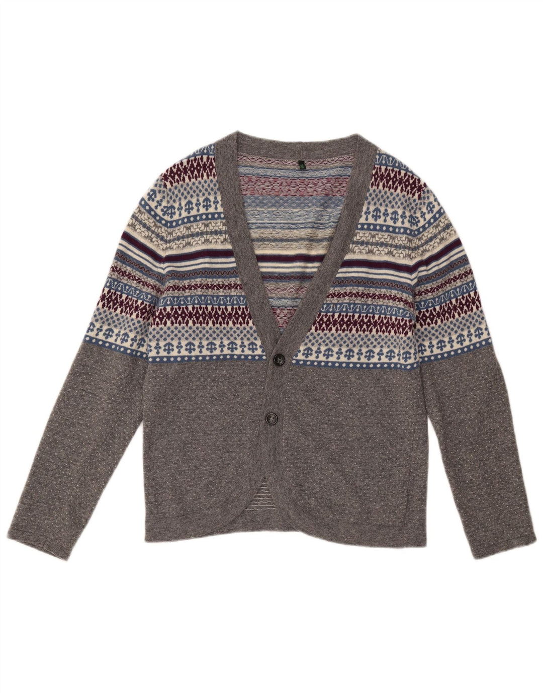 Benetton ženski kardigan džemper UK 14 Srednje siva Fair Isle vuna