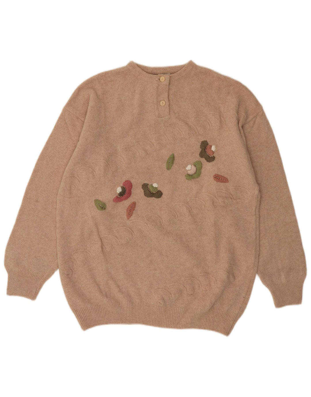 VINTAGE ženski džemper s dugmadima i ovratnikom UK 14 Srednje bež cvjetni