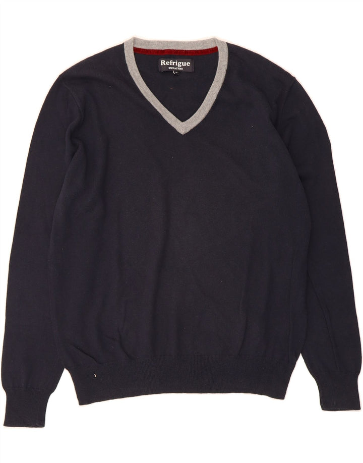 REFRIGUE Mens V-Neck Jumper Sweater XL Navy Blue Cotton Vintage Refrigue and Second-Hand Refrigue from Messina Hembry 