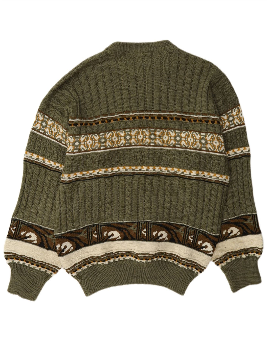 Vintage muški džemper s okruglim izrezom srednje zelene boje Fair Isle