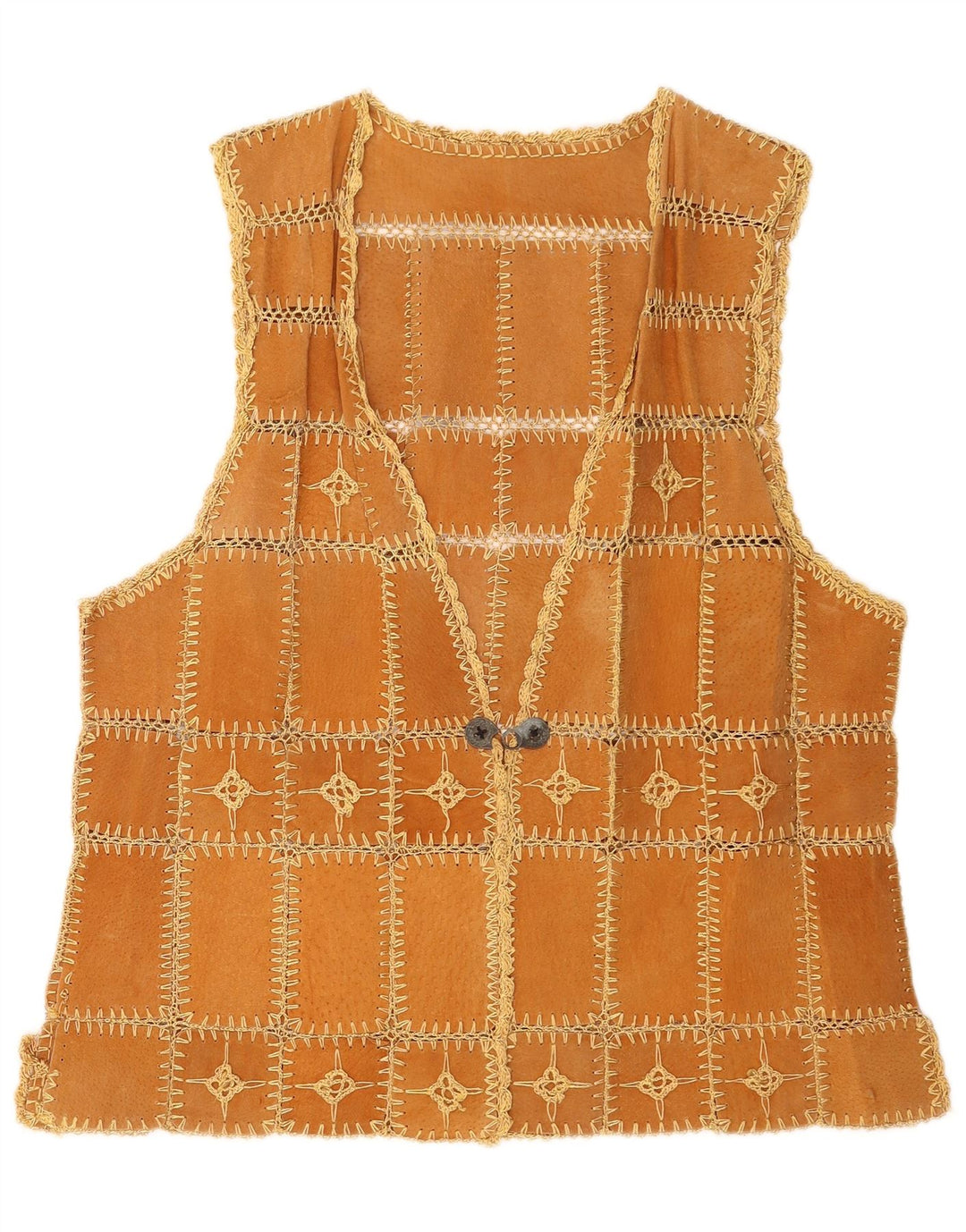 Vintage ženski prsluk od brušene kože XL smeđi patchwork