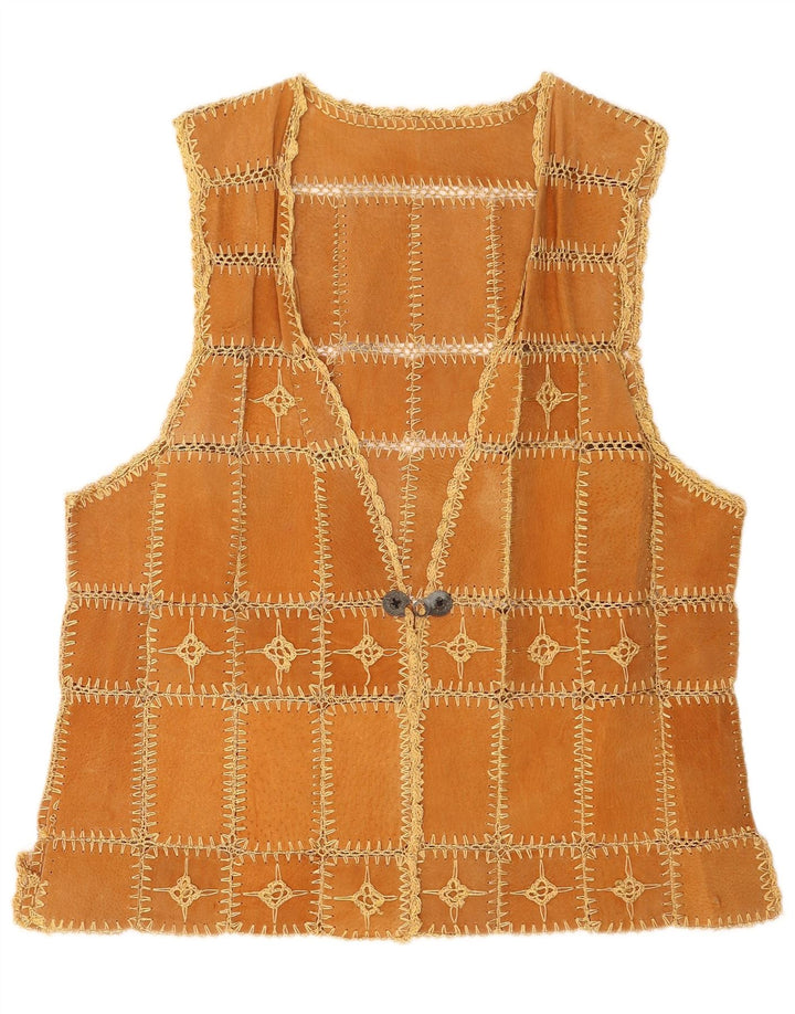 Vintage ženski prsluk od brušene kože XL smeđi patchwork