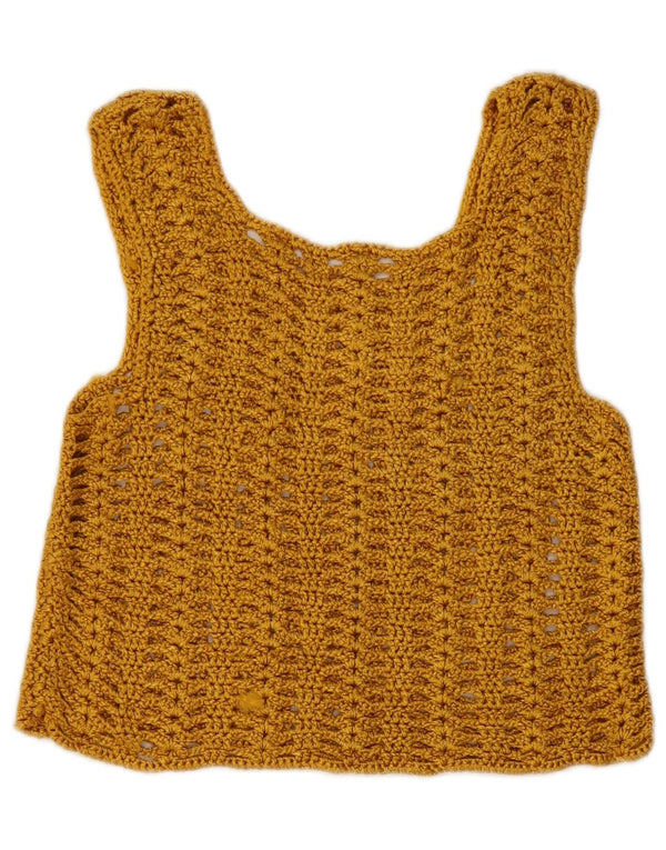 Vintage ženska vrhunska kukičana bluza bez rukava UK 8 Mala žuta