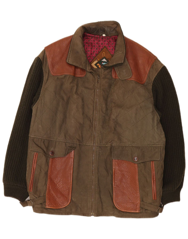 Vintage muška pletena kožna jakna UK 42 XL Khaki Colourblock Classic