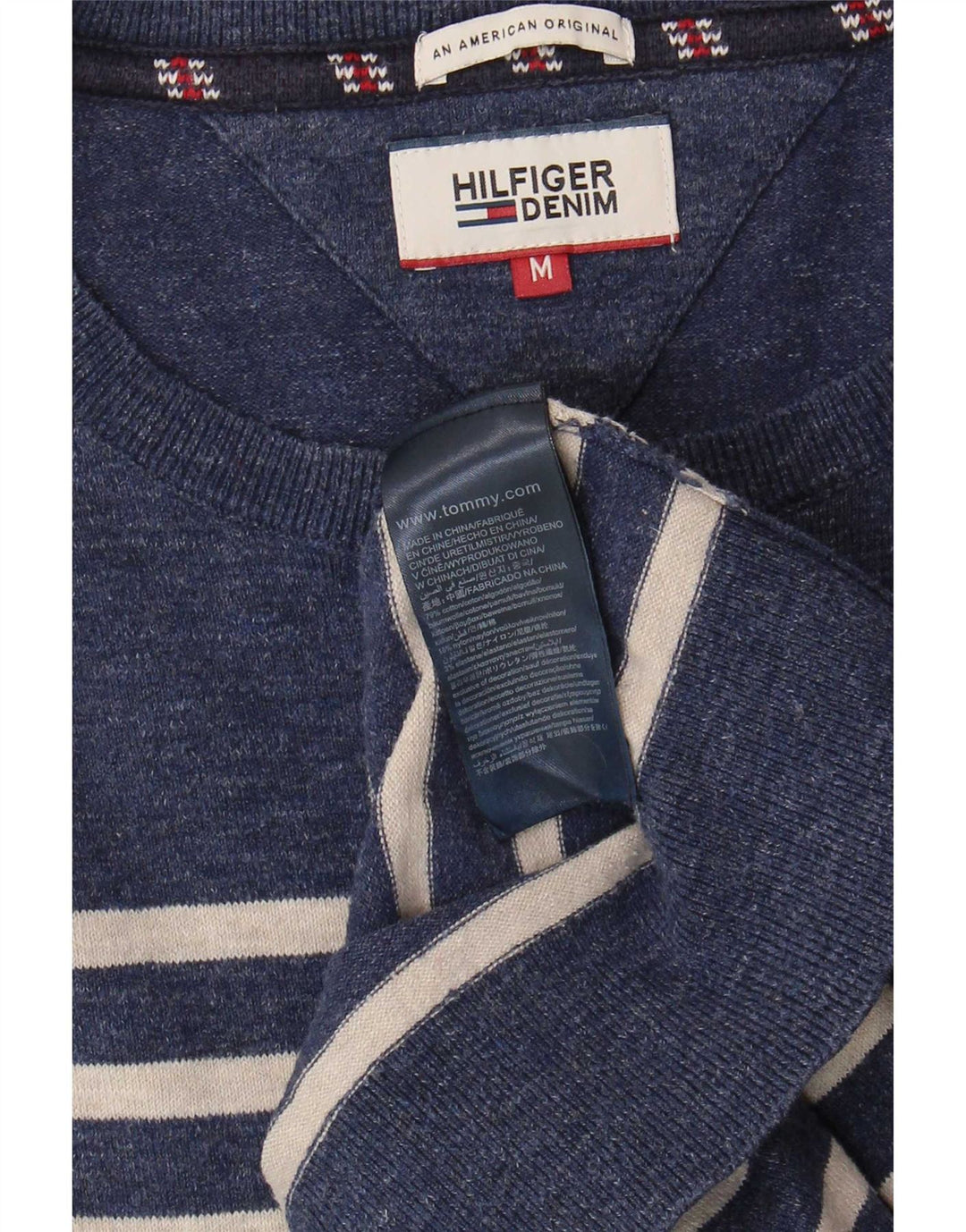 Tommy Hilfiger muški džemper s veznim izrezom srednje tamnoplave pruge