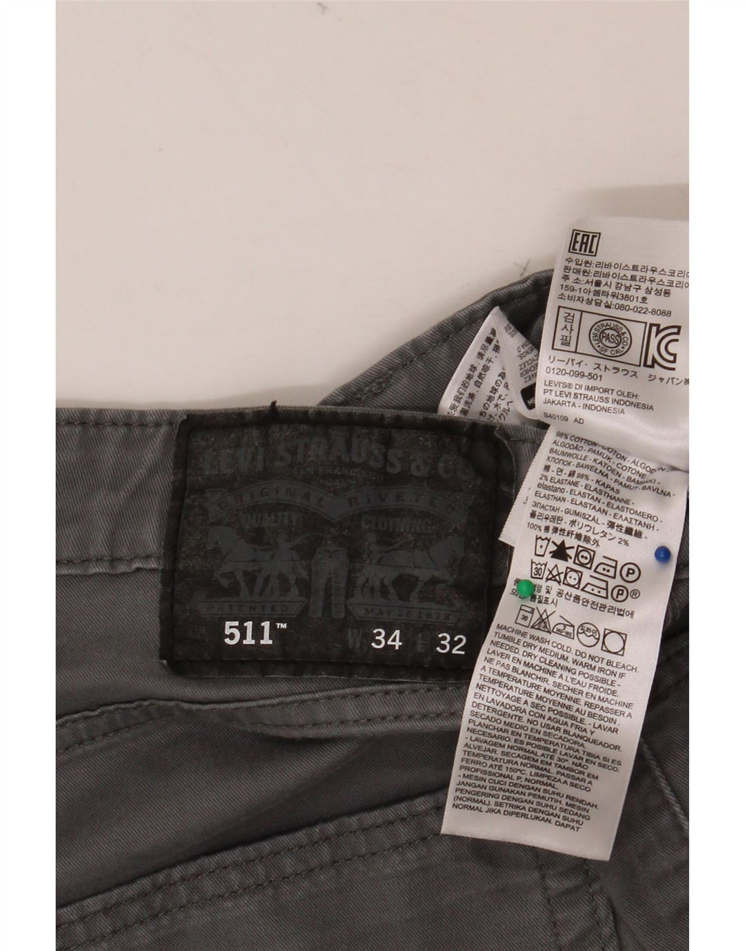 LEVI'S muške 511 uske chino hlače W34 L32 sivi pamuk