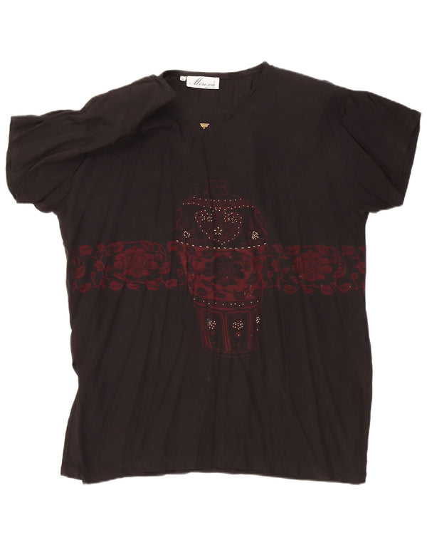 Vintage gornji dio ženske grafičke prevelike bluze UK 14 srednje crne cvjetne boje