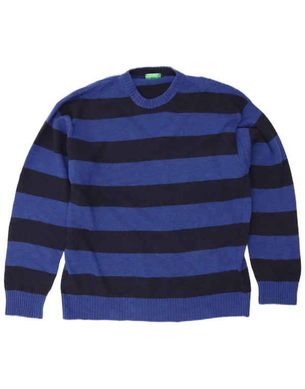 Benetton Mens Crew Neck Jumper Sweater 2XL Blue Striped Wool