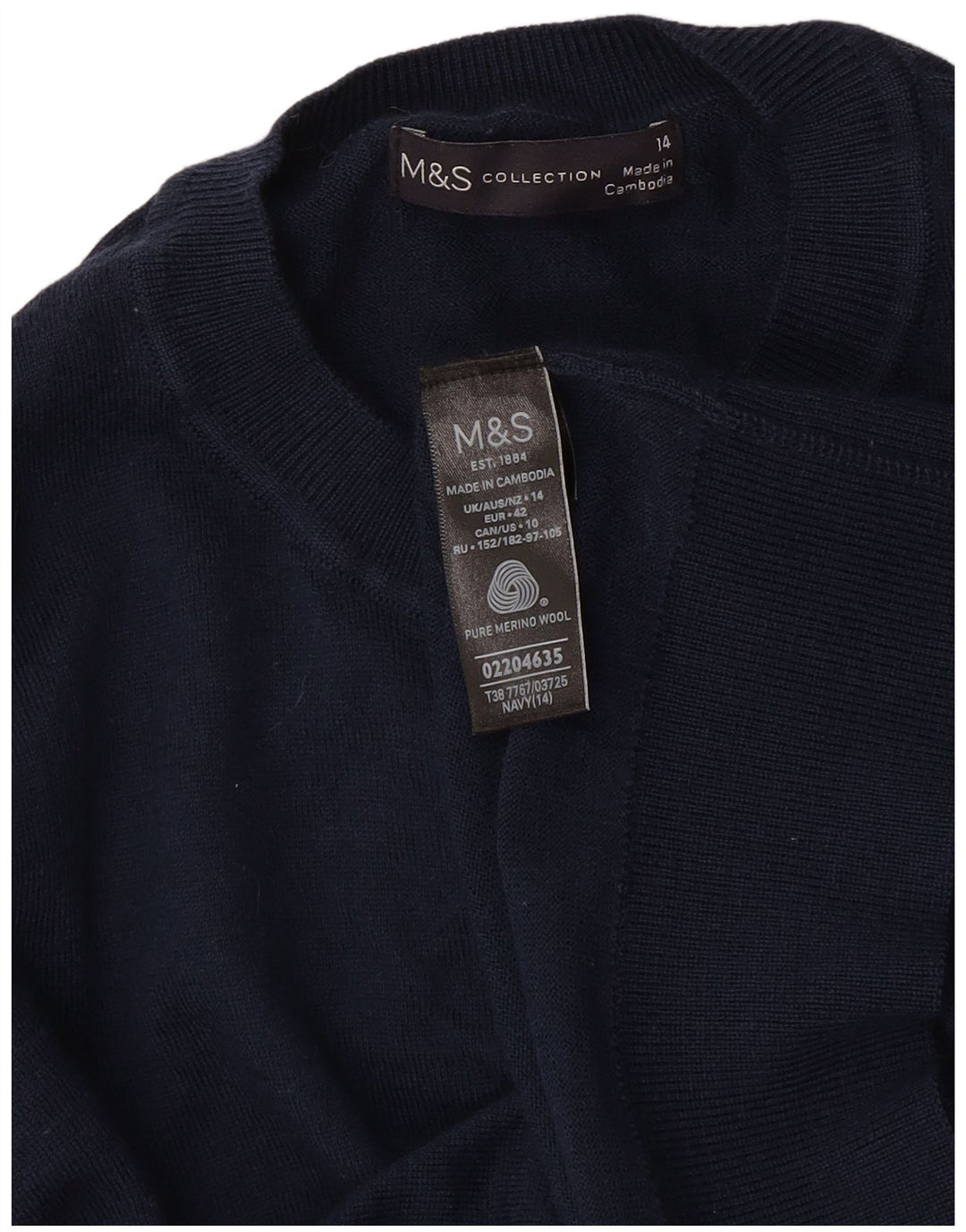 Marks & Spencer ženski kratki kardigan pulover UK 14 srednje tamnoplava vuna
