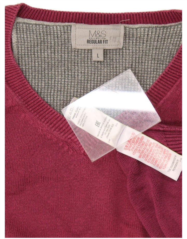 Marks & Spencer Mens Regular Fit V-Neck Jumper Sweater Large Burgundy