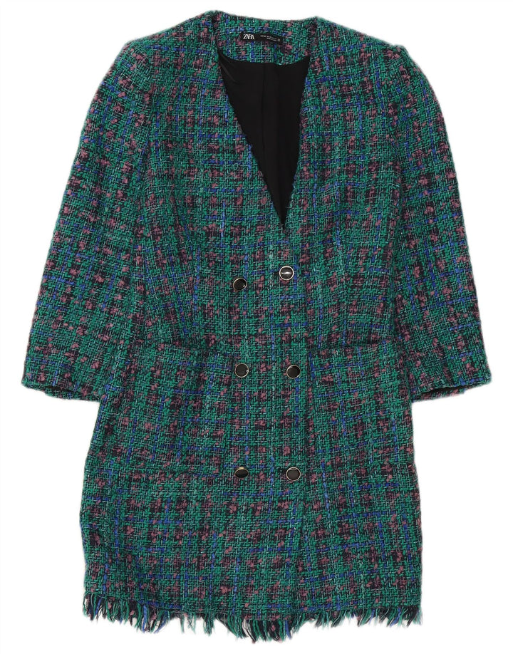 ZARA Womens Double Breasted Coat UK 6 XS Turquoise Check
