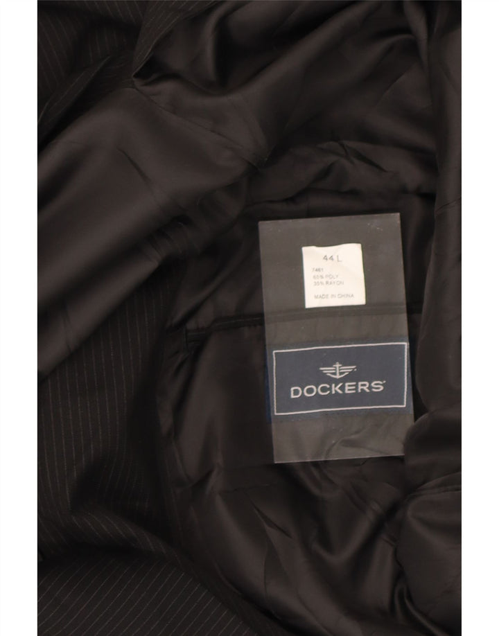 DOCKERS Mens Long 2 Button Blazer Jacket UK 44 2XL Black Pinstripe Vintage Dockers and Second-Hand Dockers from Messina Hembry 