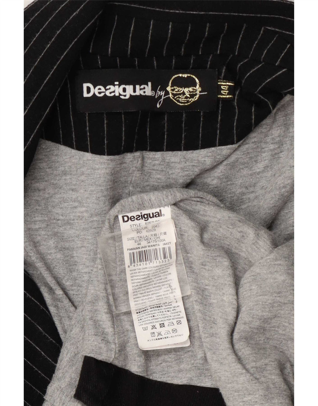 Ženska jakna Desigual s 1 gumbom, EU 44 XL, siva prugasta viskoza