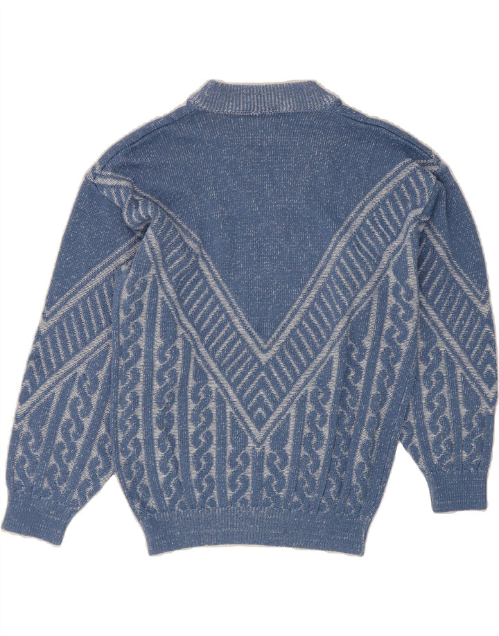 CLAUDE DE PIERRE Mens V-Neck Jumper Sweater IT 50/52 Medium Blue Chevron Vintage Claude De Pierre and Second-Hand Claude De Pierre from Messina Hembry 