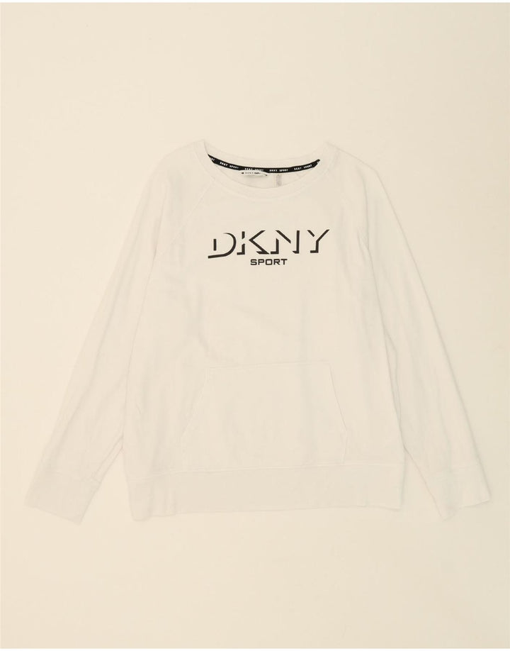 DKNY Womens Graphic Oversized Sweatshirt Jumper UK 10 Small White Cotton Vintage Dkny and Second-Hand Dkny from Messina Hembry 