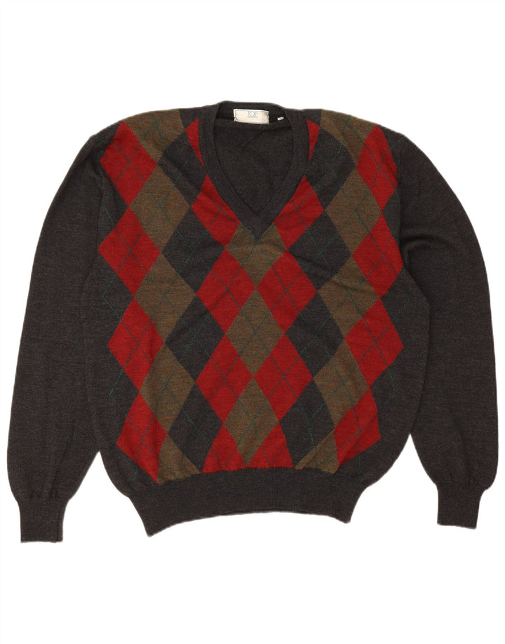 Vintage muški džemper s V-izrezom IT 50 Srednje sivi Argyle/Diamond