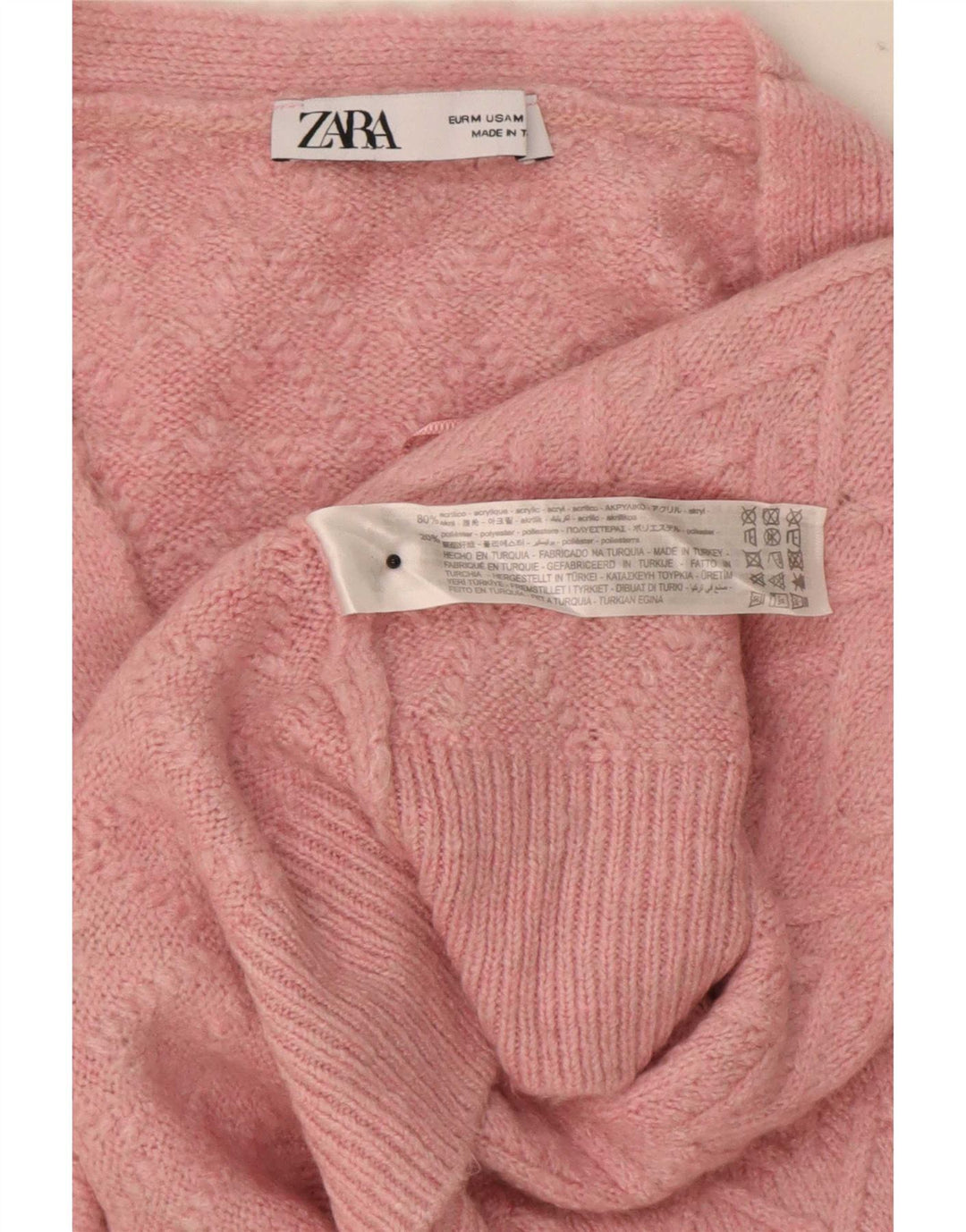 Zara ženski kratki kardigan pulover UK 14 Srednje ružičasti ševron