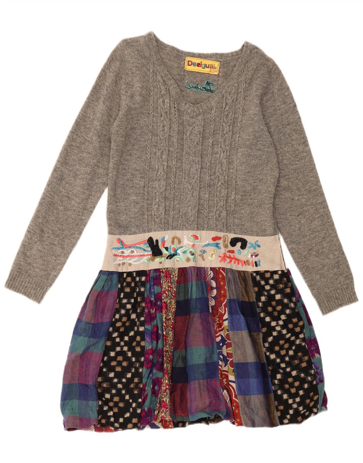 DESIGUAL Womens Long Sleeve Jumper Dress EU 44 XL Grey Patchwork Linen