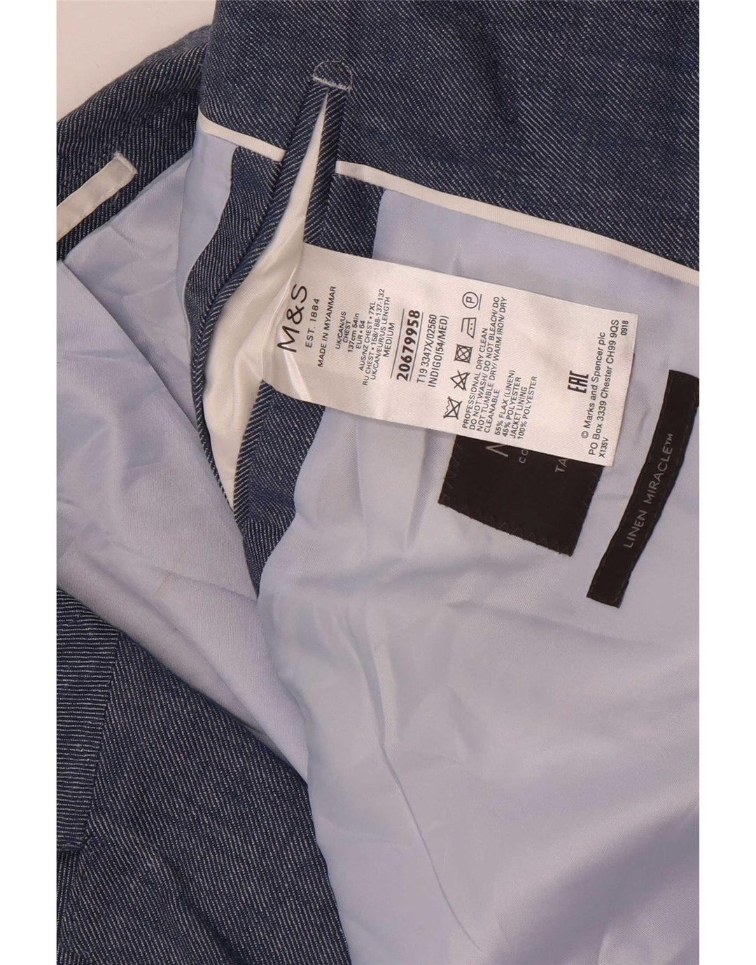 Marks & Spencer muška jakna sa 2 gumba UK 54 7XL plava lanena klasična