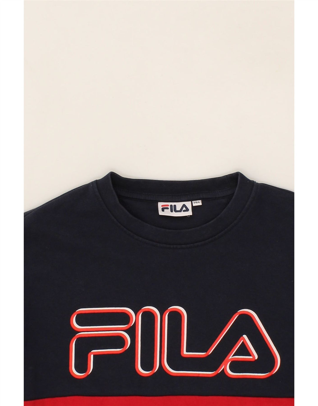 FILA Boys Graphic Sweatshirt Jumper 13-14 Years Red Colourblock Vintage Fila and Second-Hand Fila from Messina Hembry 