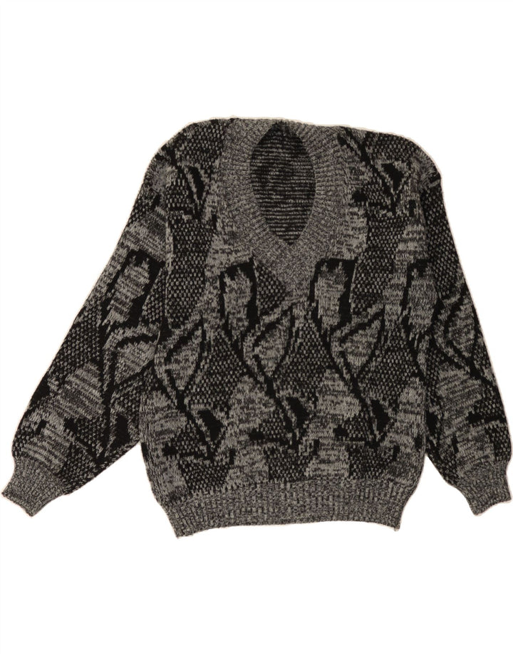 VINTAGE Womens Abstract Pattern V-Neck Jumper Sweater UK 14 Medium Grey Vintage Vintage and Second-Hand Vintage from Messina Hembry 