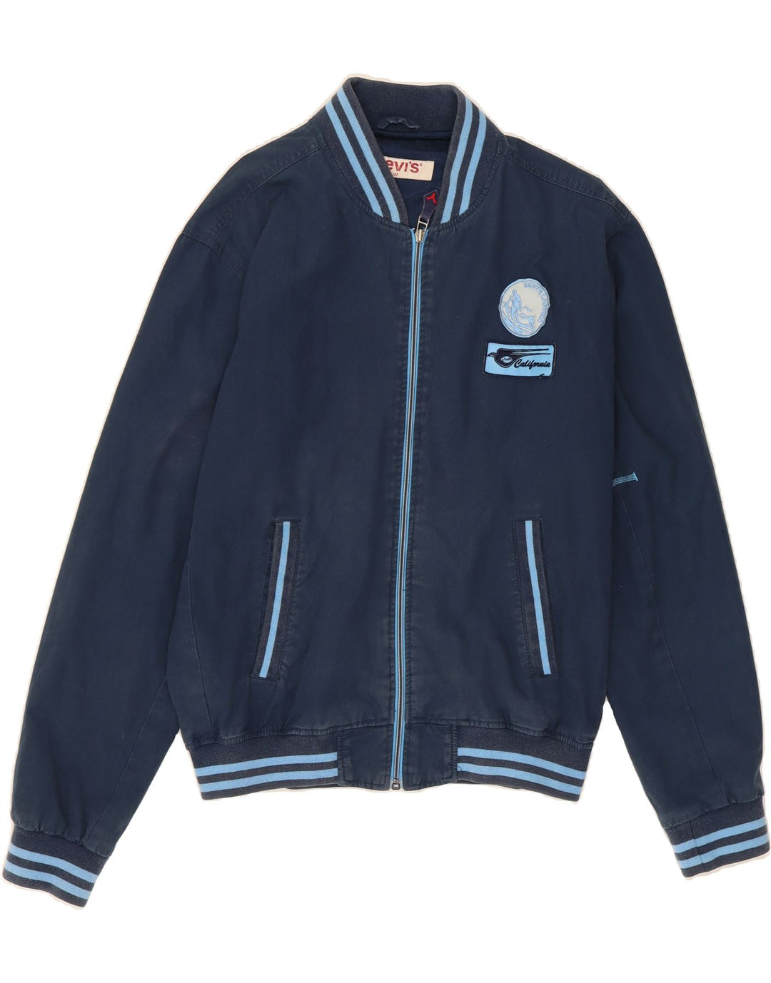 LEVI'S Mens Graphic Bomber Jacket UK 38 Medium Blue Cotton Vintage Levi's and Second-Hand Levi's from Messina Hembry 