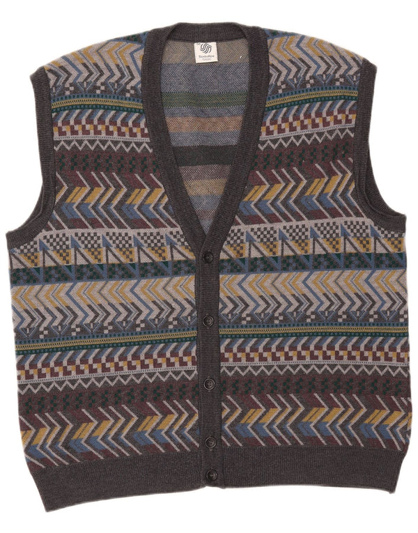 Vintage muški kardigan džemper bez rukava IT 56 XL sivi geometrijski vuneni