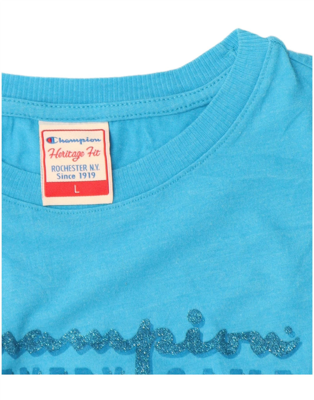 CHAMPION Ženska Heritage Fit grafička majica kratkih rukava UK 14 Large Blue Cotton