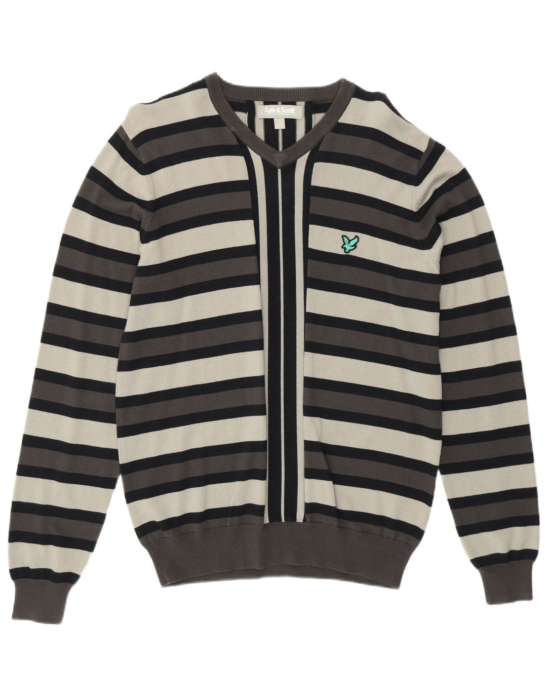 LYLE & SCOTT Muški džemper s V-izrezom srednje sivi pamuk na pruge