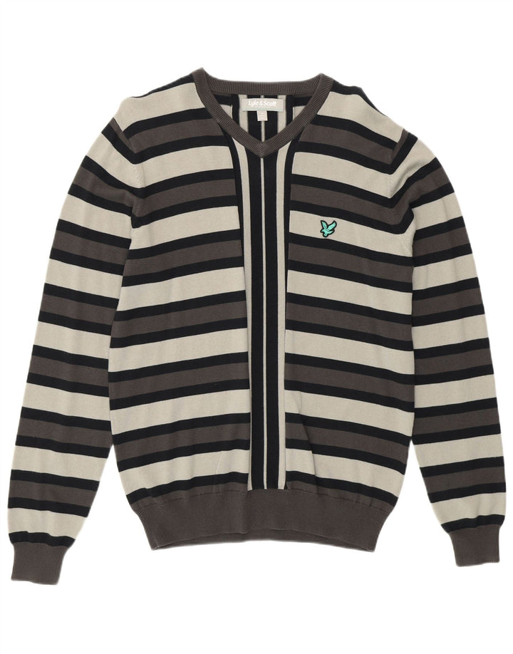 LYLE & SCOTT Muški džemper s V-izrezom srednje sivi pamuk na pruge