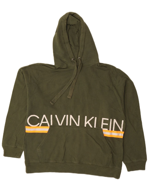 CALVIN KLEIN Womens Oversized Graphic Hoodie Jumper UK 16 Large Khaki