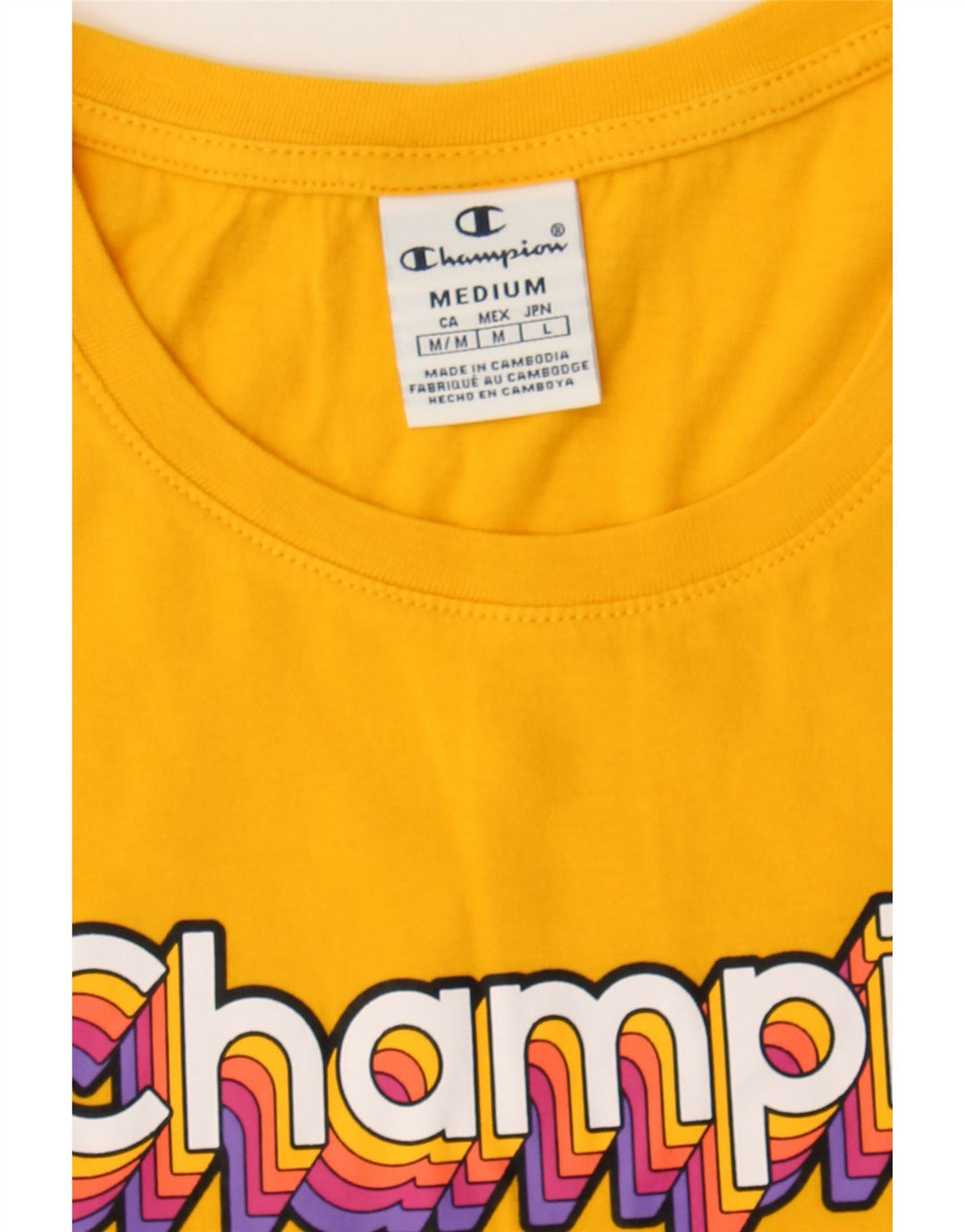 CHAMPION Womens Graphic T-Shirt Top UK 12 Medium Yellow Vintage Champion and Second-Hand Champion from Messina Hembry 