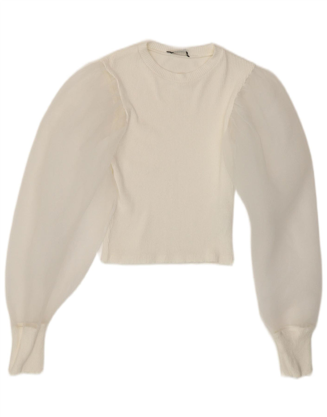 ZARA Womens Stretch Crop Long Sleeve Blouse Top UK 12 Medium White Viscose