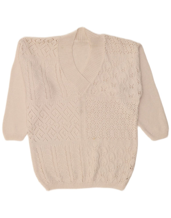 VINTAGE ženski džemper s V-izrezom UK 14 Srednje bijeli pamuk