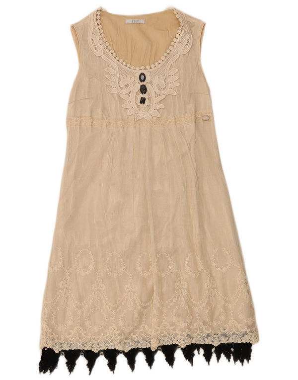 Vintage Womens Sleeveless A-Line Dress UK 10 Small Beige Floral Cotton