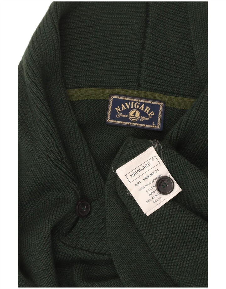 NAVIGARE Mens Shawl Neck Jumper Sweater Large Green New Wool