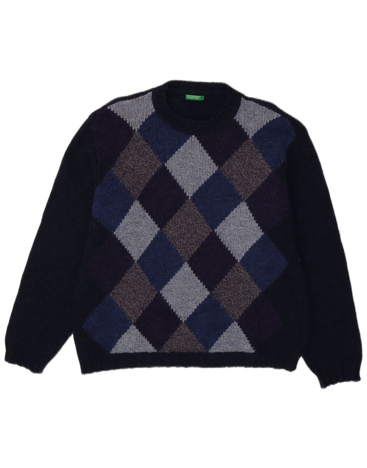 Benetton muški džemper s okruglim izrezom Veliki tamnoplavi Argyle/Diamond