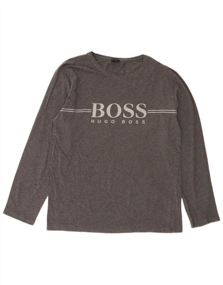 Hugo Boss muška majica dugih rukava s grafikama, srednje sivi pamuk
