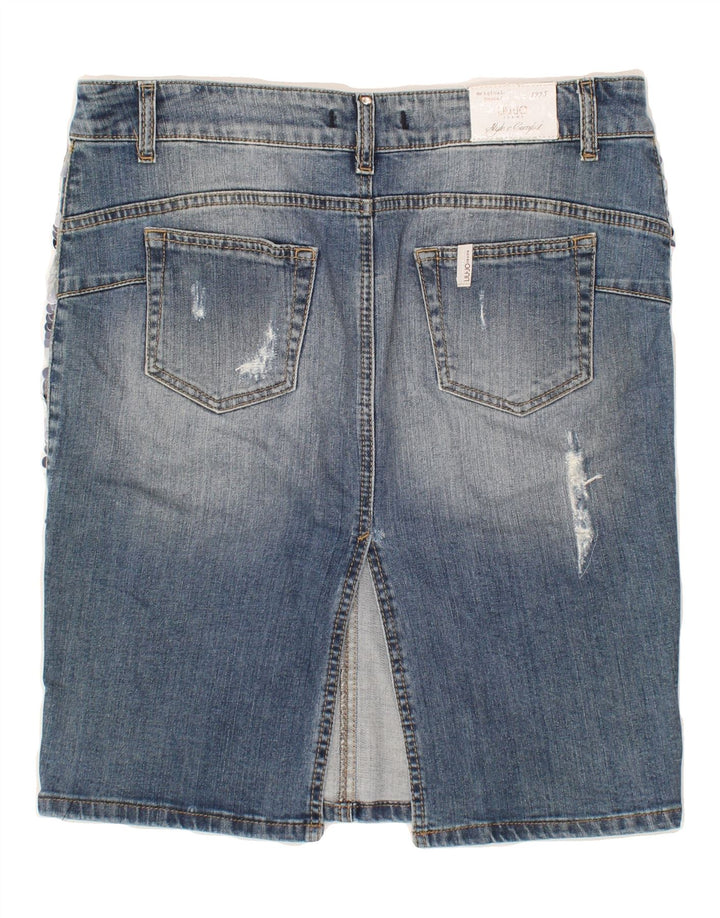 LIU JO Womens Graphic Distressed Denim Skirt W29 Medium Blue Striped | Vintage Liu Jo | Thrift | Second-Hand Liu Jo | Used Clothing | Messina Hembry 