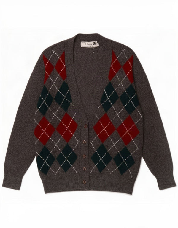 Vintage Womens Oversized Cardigan Sweater UK 10 Small Grey Argyle/Diamond