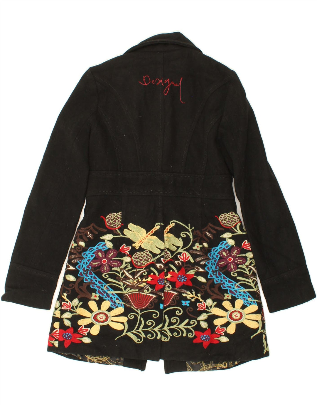 DESIGUAL Womens Graphic Overcoat EU 36 Small Black Floral Polyester Vintage Desigual and Second-Hand Desigual from Messina Hembry 