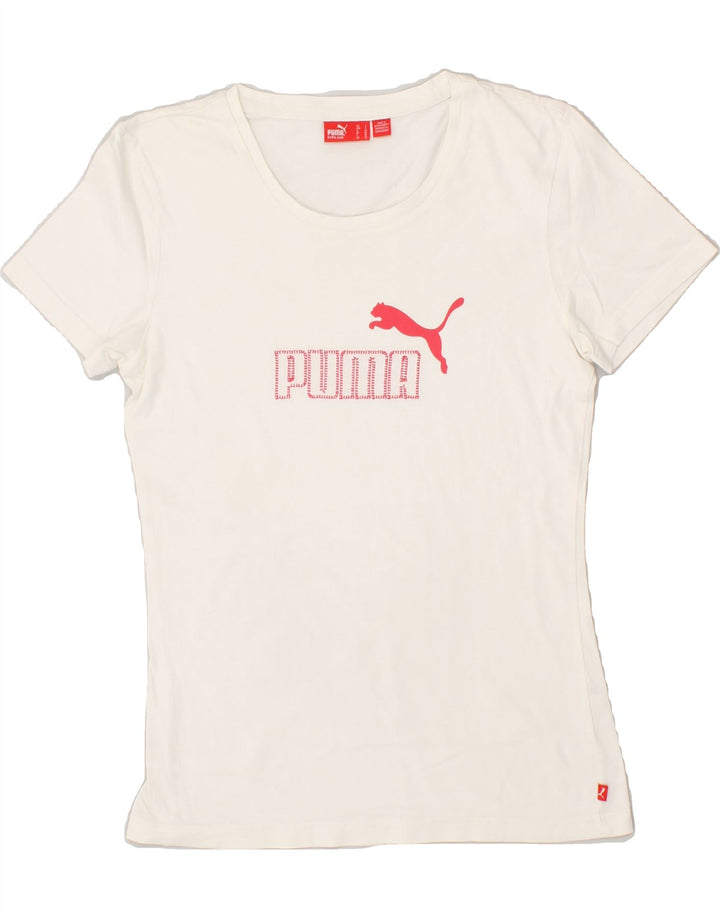 PUMA Womens Graphic T-Shirt Top UK 10 Small White | Vintage Puma | Thrift | Second-Hand Puma | Used Clothing | Messina Hembry 