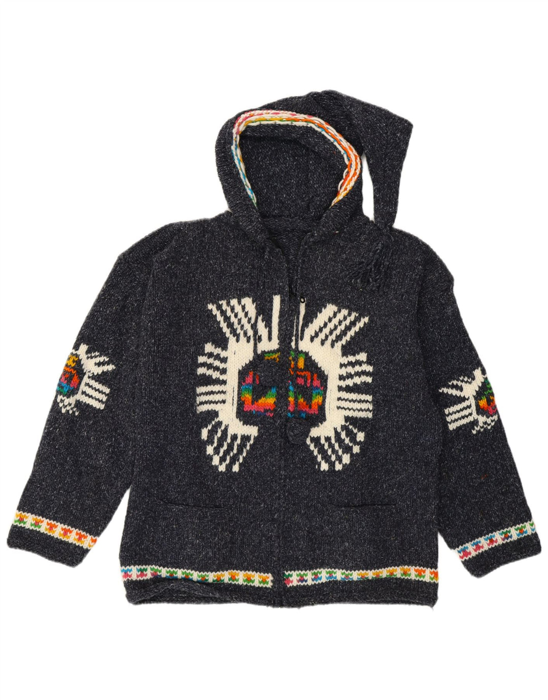 Vintage ženski grafički kardigan džemper UK 14 Srednje tamnoplavi etnički