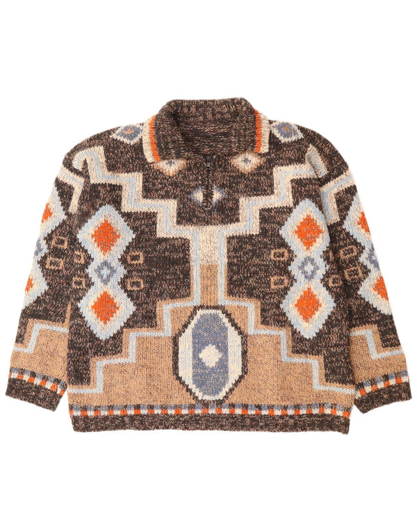 Vintage ženski džemper s polo izrezom UK 18 XL smeđa geometrijska vuna