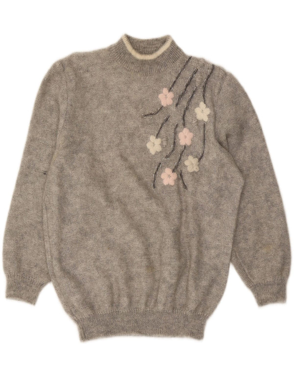 VINTAGE Womens Turtle Neck Jumper Sweater UK 18 XL Grey Floral Mohair